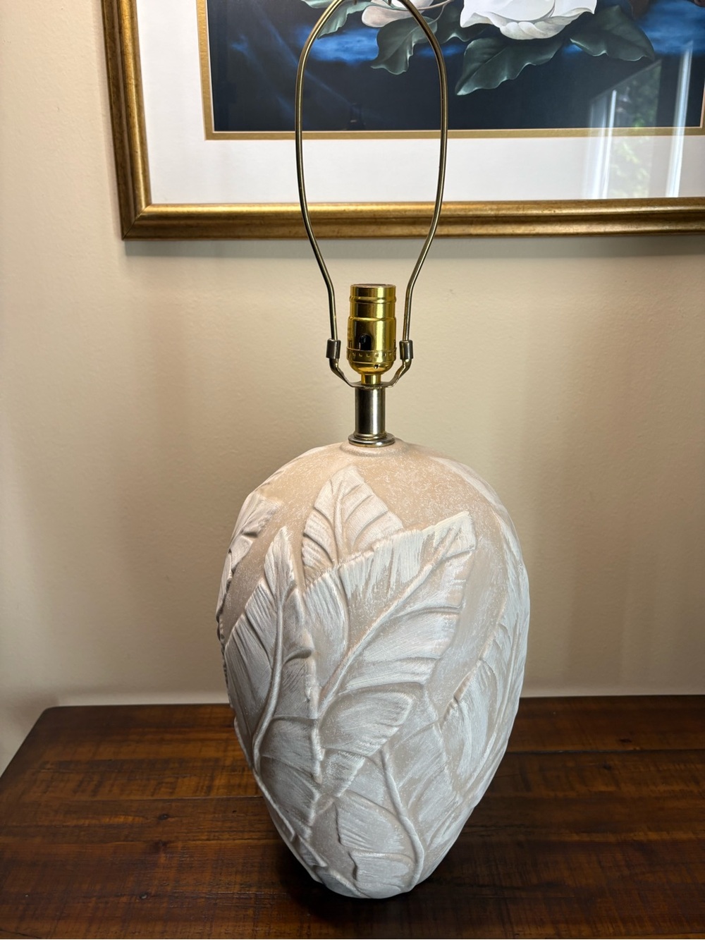 Vintage 1980’s Plaster Table Lamp Textured Banana Leaf Design